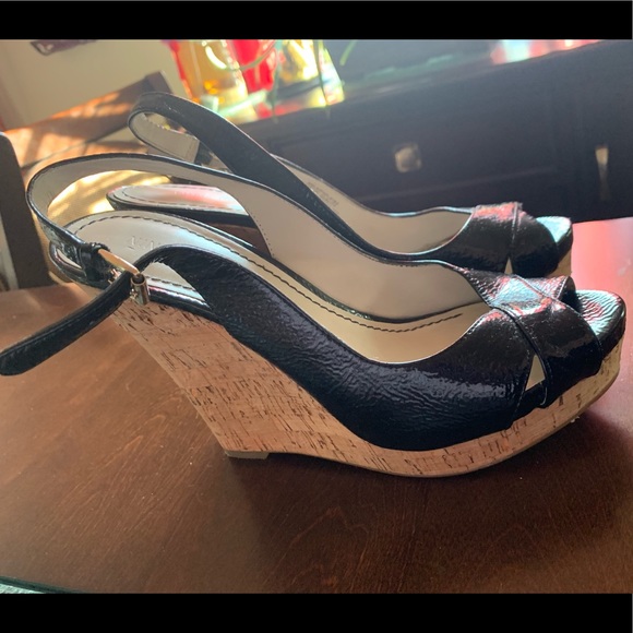 Black Patent Leather Cork Sling Back Wedges - Picture 2 of 8